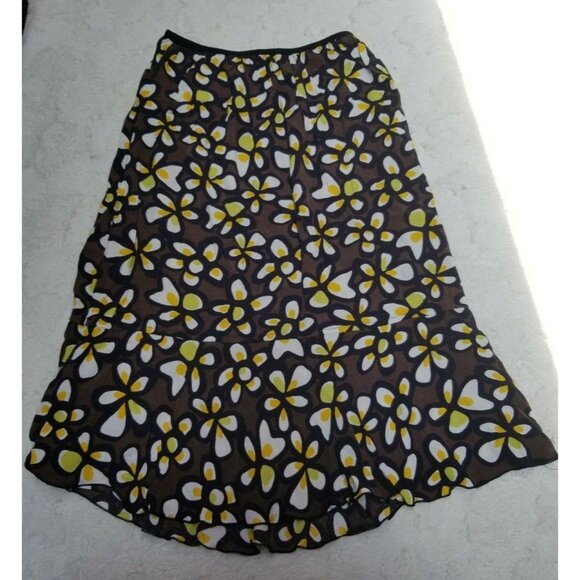 Loco Lindo Womens Small Flare Skirt Pull On Knee-Length Floral Plumeria Brown - Picture 2 of 6